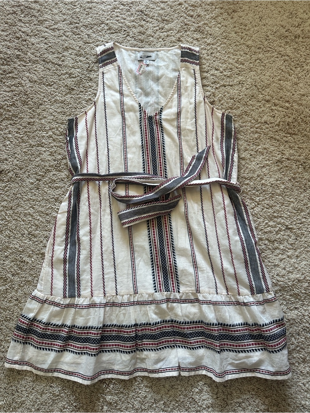 Evereve V-Neck Belted Sundress - White with Black & Burgundy Stripes Sz M NWT